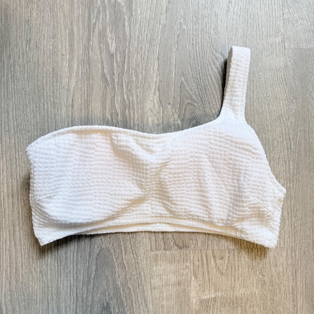 Aerie Real Good White One Shoulder Waffle Textured Bikini Top Large UPF 50 NWT